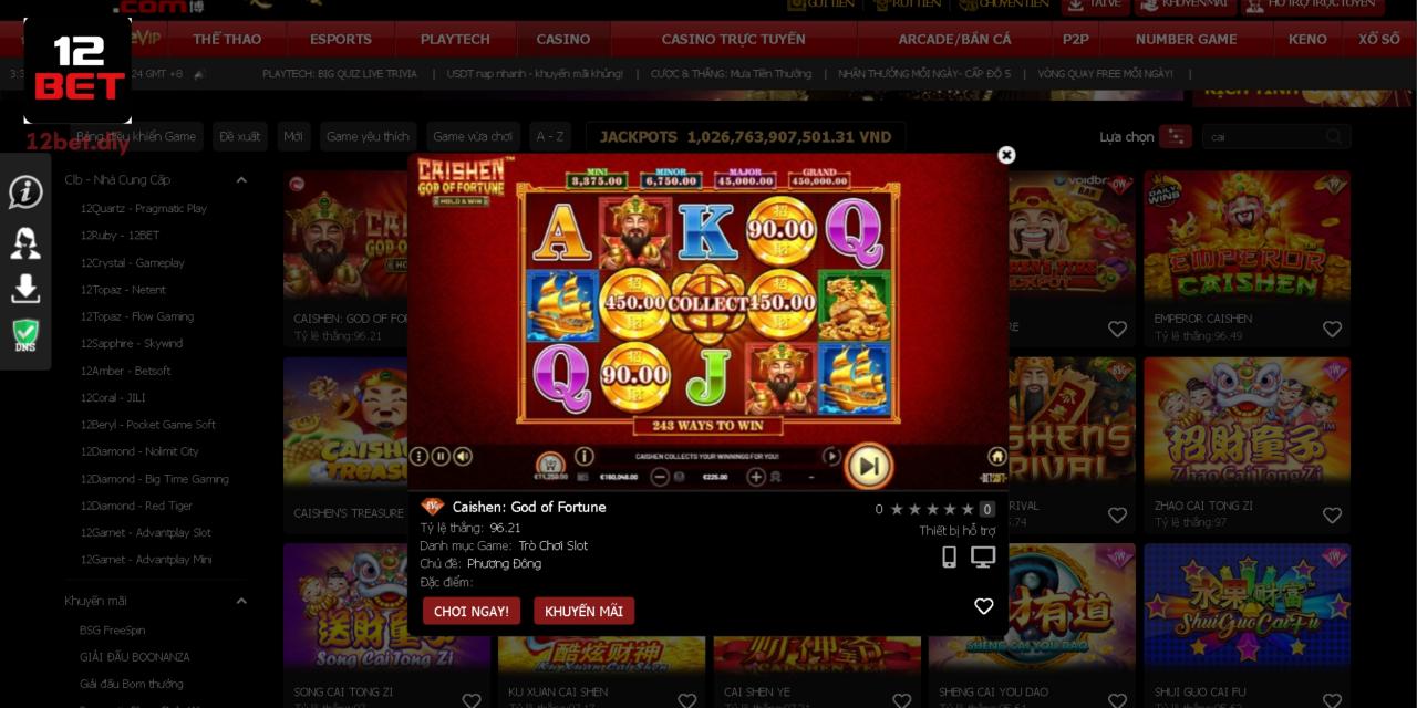 Caishen: God Of Fortune 12Bet - Truy Tìm Biểu Tượng Giá Trị 1 Trò chơi Caishen: God Of Fortune mang tới cơ hội thắng cao dễ dàng